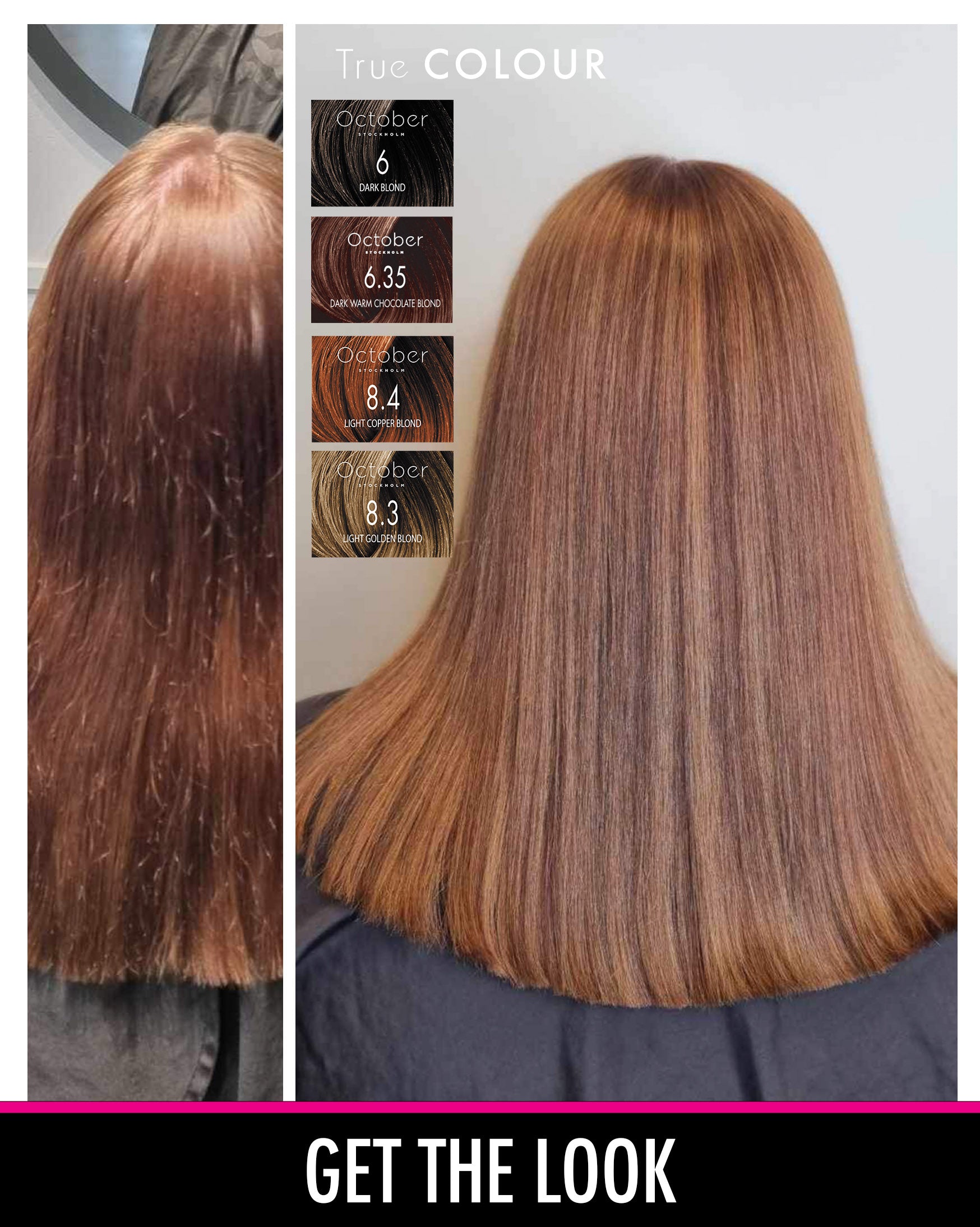 Före och efter-bild med October Stockholm True Colour i nyanserna "6 Dark Blond", "6.35 Dark Warm Chocolate Blond", "8.4 Light Copper Blond", och "8.3 Light Golden Blond", som visar en förvandling till en varm och rik kopparblond hårfärg.