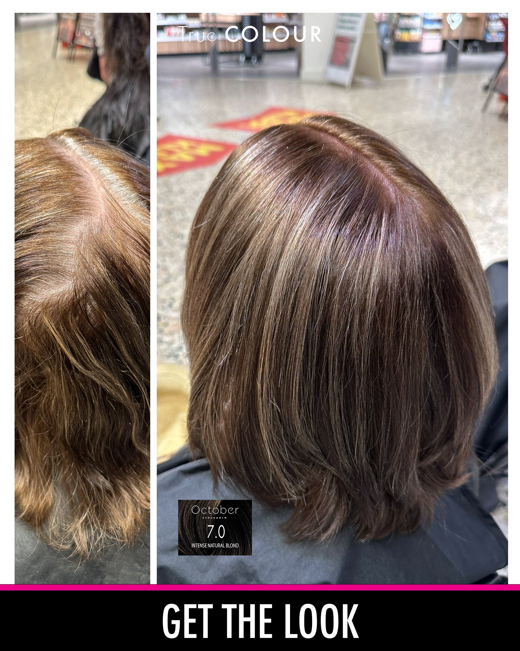 Före och efter-bild med October Stockholm True Colour i nyansen "7.0 Intense Natural Blond", som visar en subtil och naturlig förändring till en intensiv naturlig blond hårfärg.