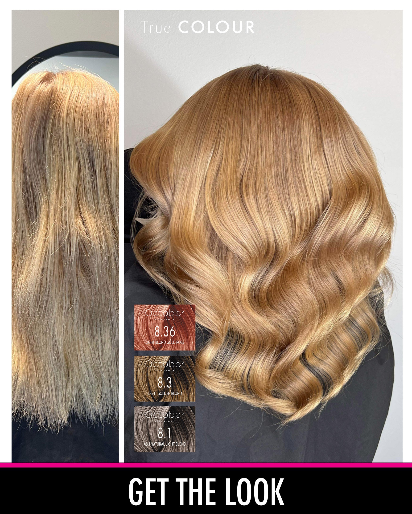 Före och efter-bild med October Stockholm True Colour i nyanserna "8.36 Light Blond Gold Rose", "8.3 Light Golden Blond", och "8.1 Ash Natural Light Blond", som visar en vacker förändring till en gyllene blonda toner.