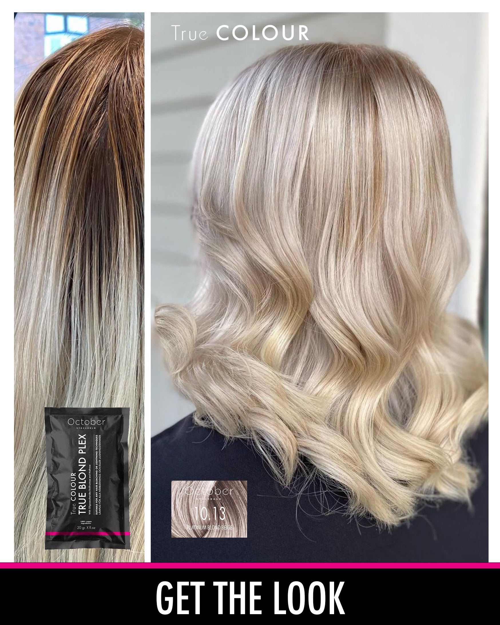 Före och efter-bild med October Stockholm True Colour i nyansen "10.13 Platinum Blond Beige", som visar en dramatisk förändring till en elegant platina blond hårfärg.