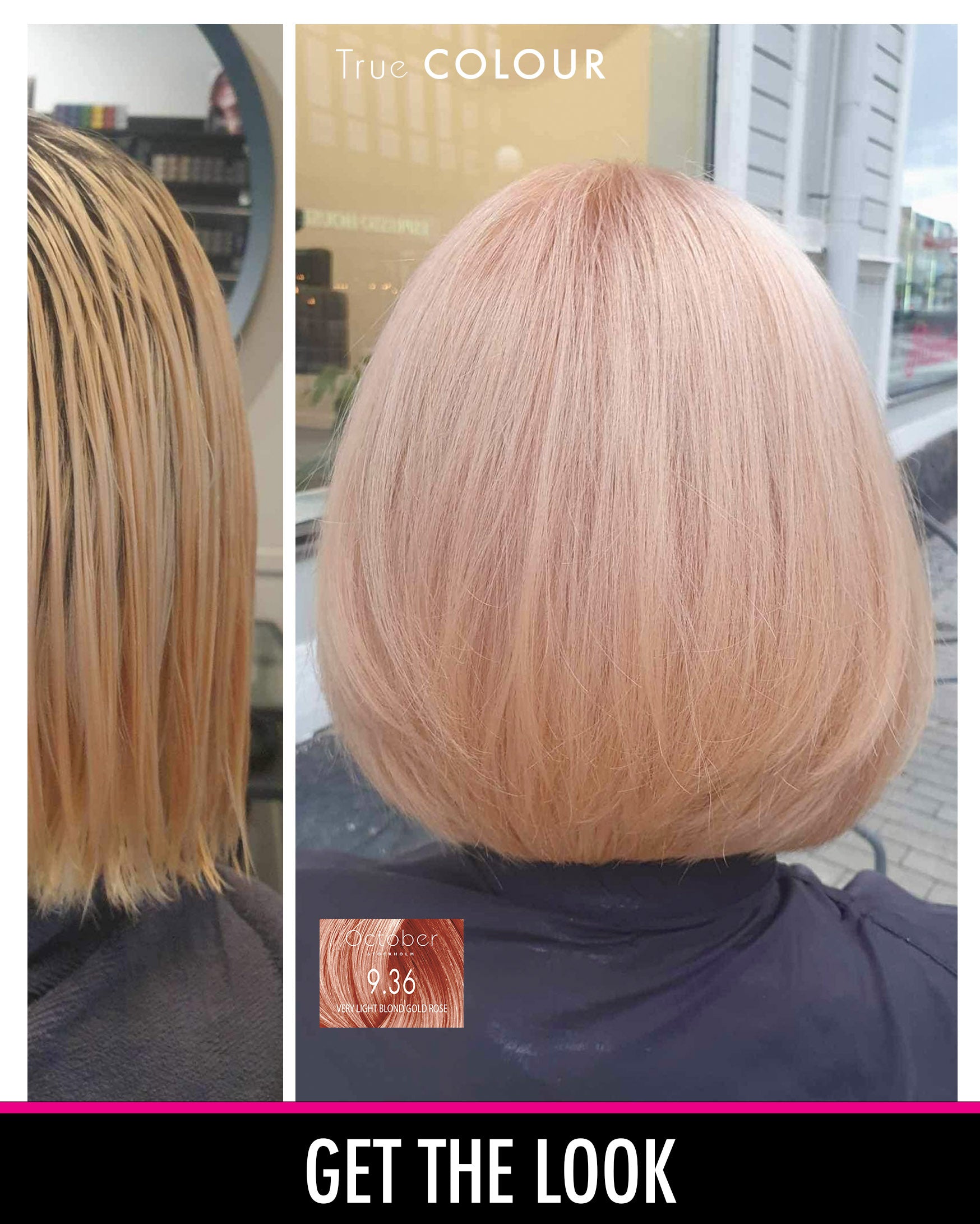 Före och efter-bild med October Stockholm True Colour i nyansen "9.36 Very Light Blond Gold Rose", som visar en vacker transformation till en mjuk rosa hårfärg.