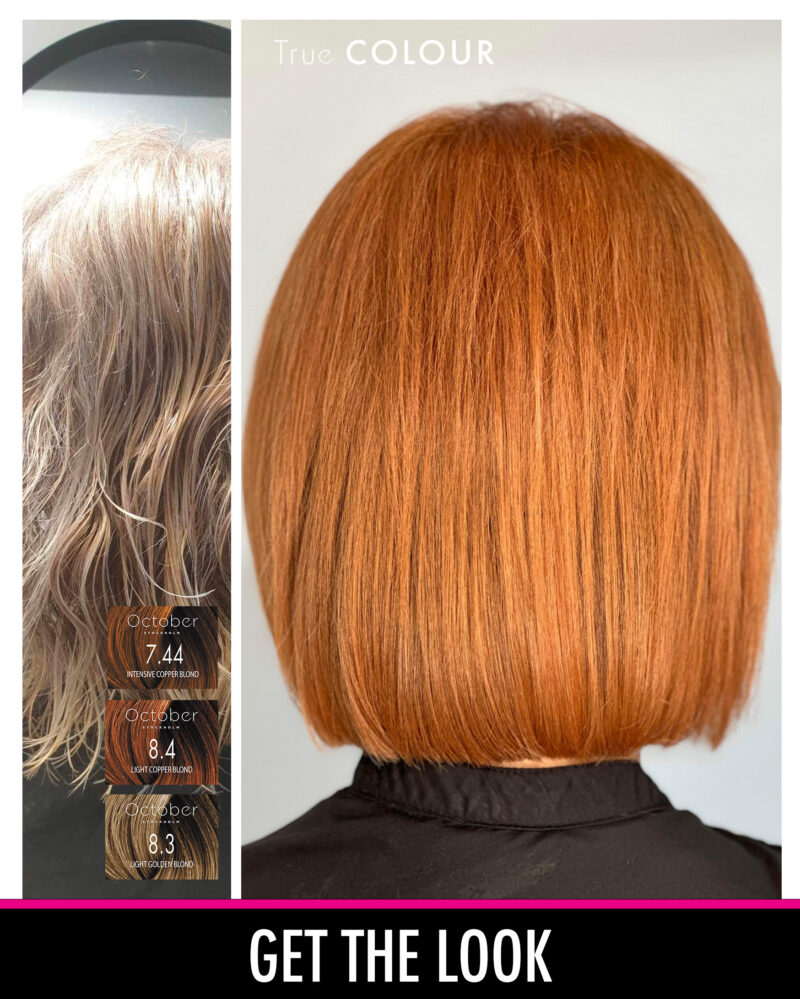 Före och efter-bild med October Stockholm True Colour i nyanserna "7.44 Intensive Copper Blond", "8.4 Light Copper Blond", och "8.3 Light Golden Blond" som visar en imponerande förvandling till en rik kopparblond hårfärg.